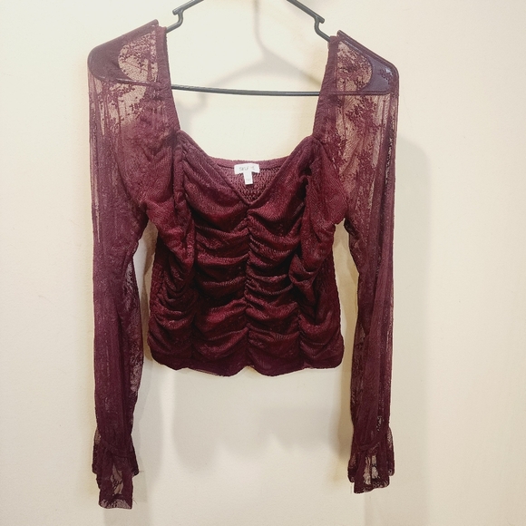 SELF E Red Burgundy Long Sleeves Lace Rush Blouse size S - Picture 3 of 11